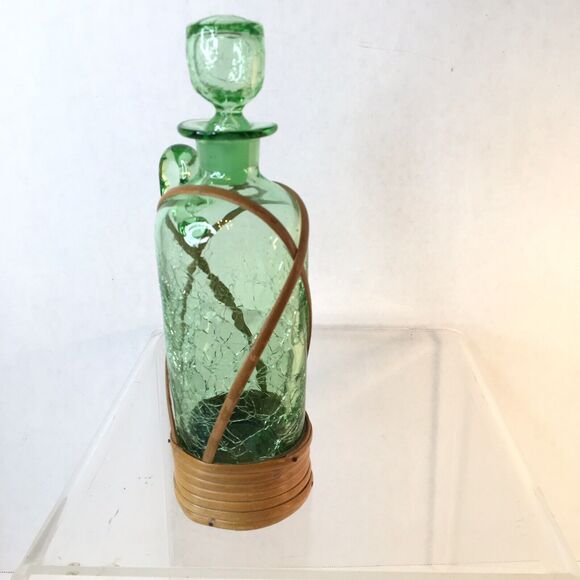 2 Vtg Art Glass Crackle Glass Pitcher Decanters Green And Blue  Mid Century - Picture 4 of 10